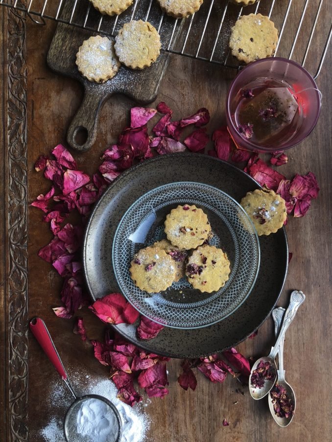 Rose petal and lemon polenta shortbread