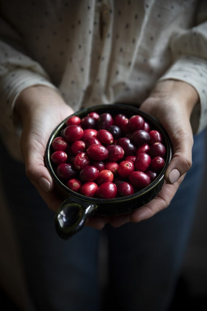 A bowl of red cranberries