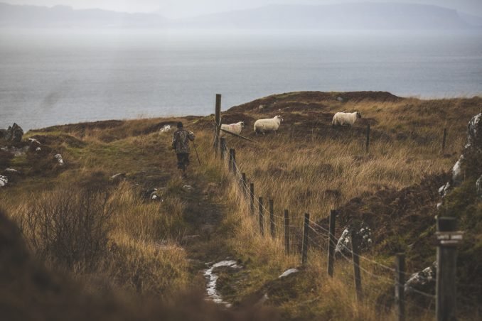 Scottish sheep farmer in a Highland landscape in winter