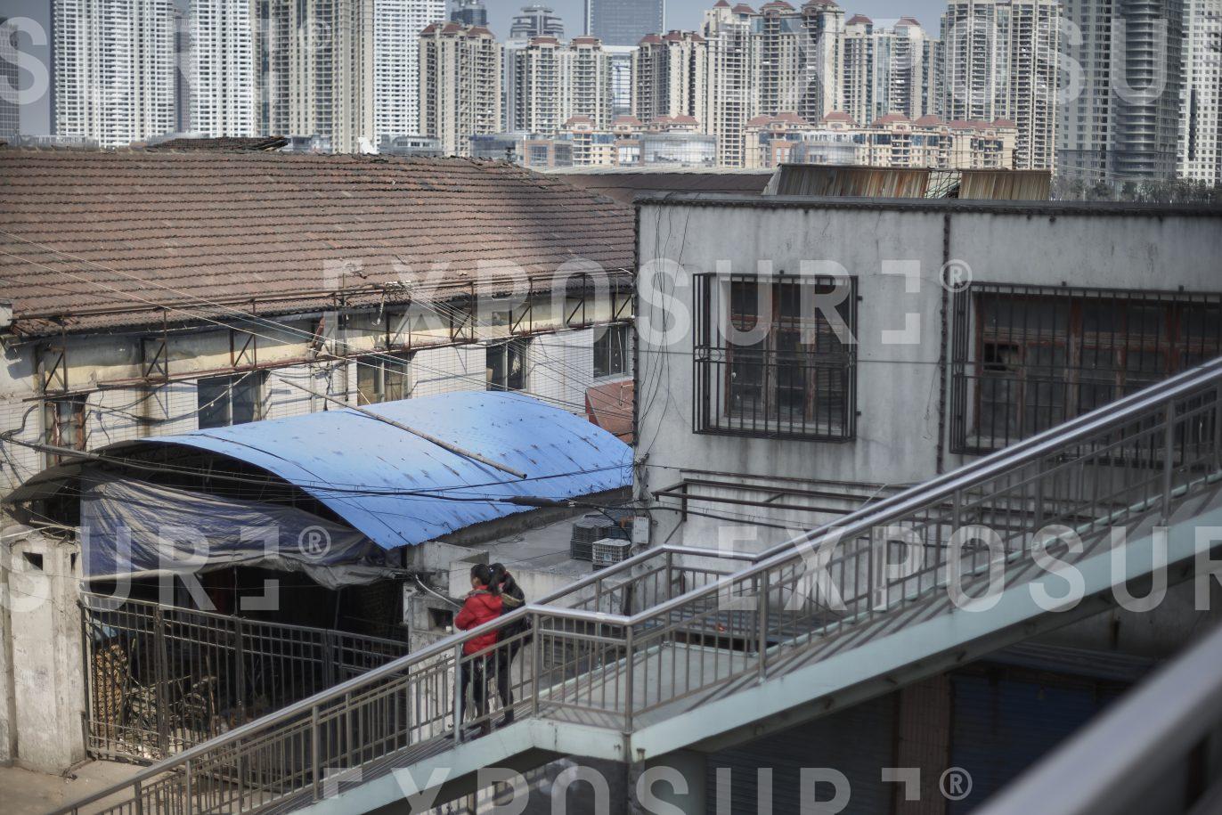 Two women descend overpass, Shanghai