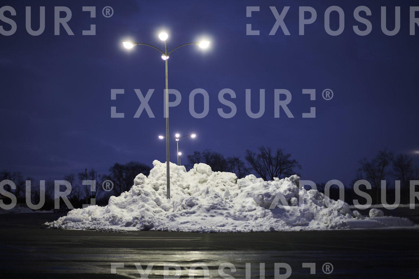 Banked snow, Midwestern parking lot